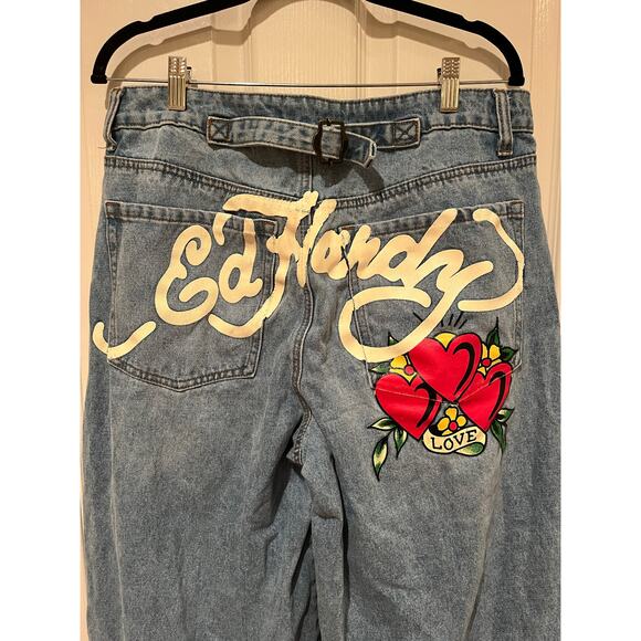 Ed Hardy Baggy Loose Fit Retro Light Jeans Dagger Hearts Embroidered Spellout 32 - Picture 6 of 13